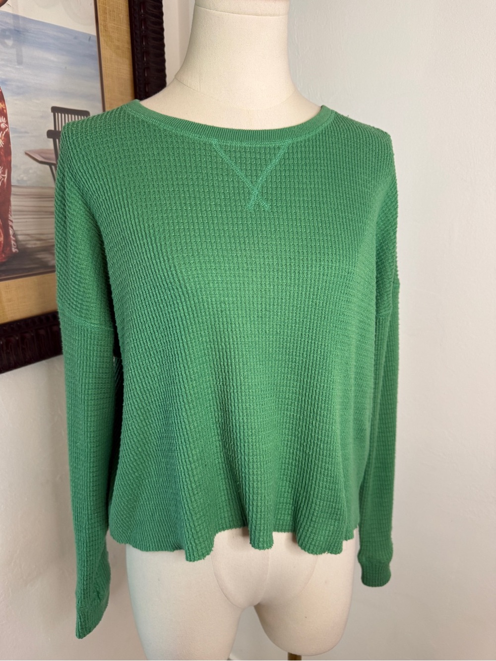 American Eagle Outfitters Green Waffle Knit Crewneck Sweater